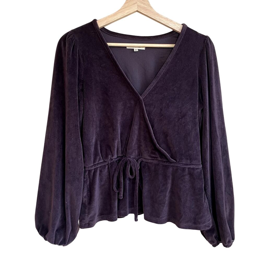 Madewell purple corduroy faux wraparound long sleeved blouse women's size M‎
